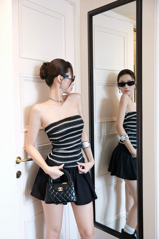 THAOBIBI Striped Tube Top and Flared Mini Skirt Set