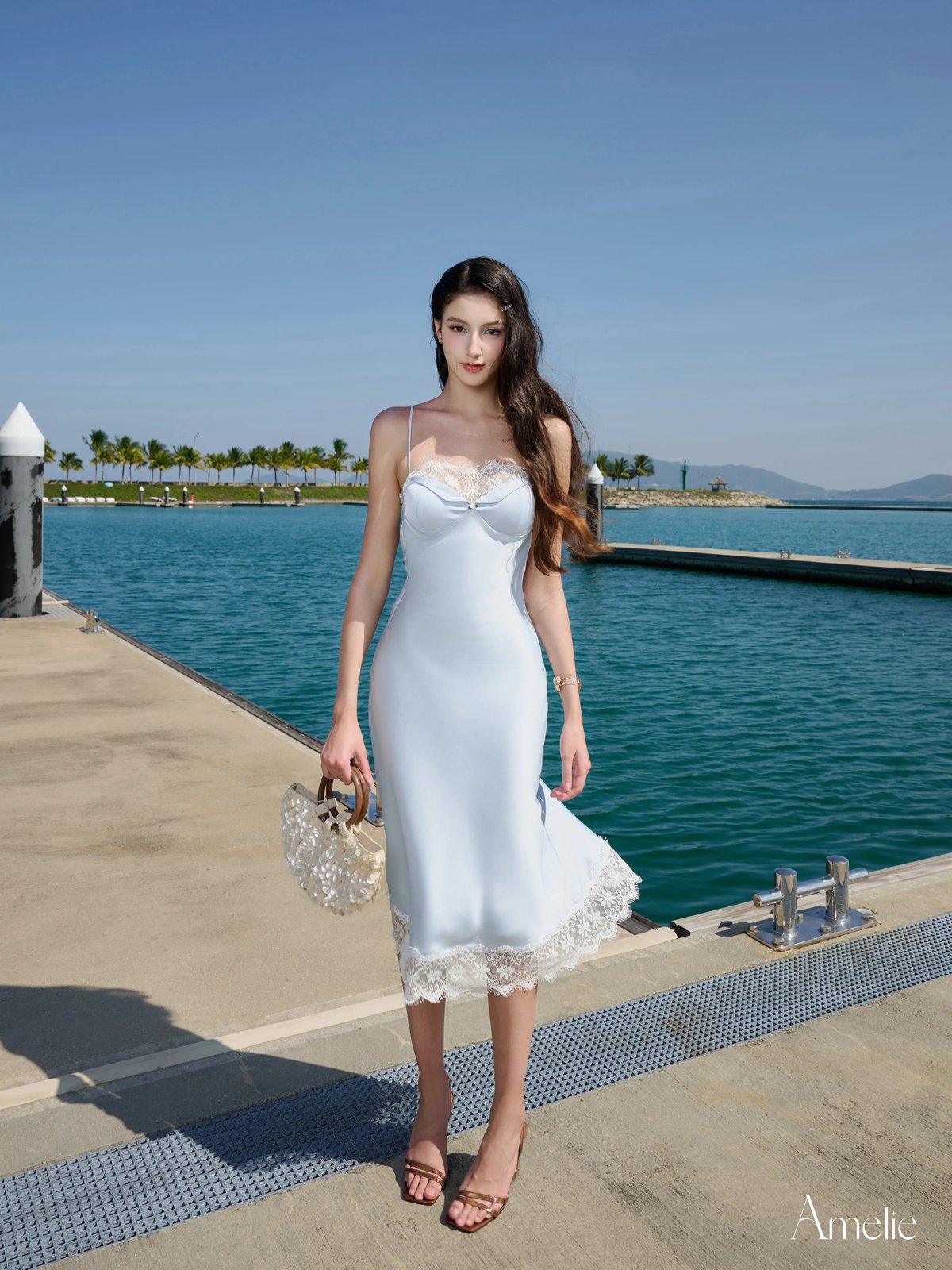 AMELIE Amica Lace Trim Satin Spaghetti Strap Dress - Blue