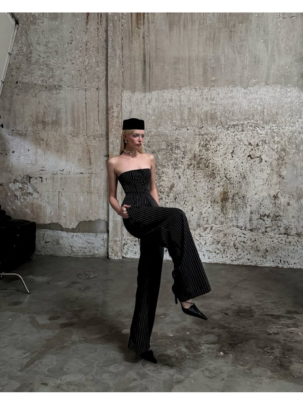 DEPASS Libre Pinstripe Corset and Wide Leg Pants Set