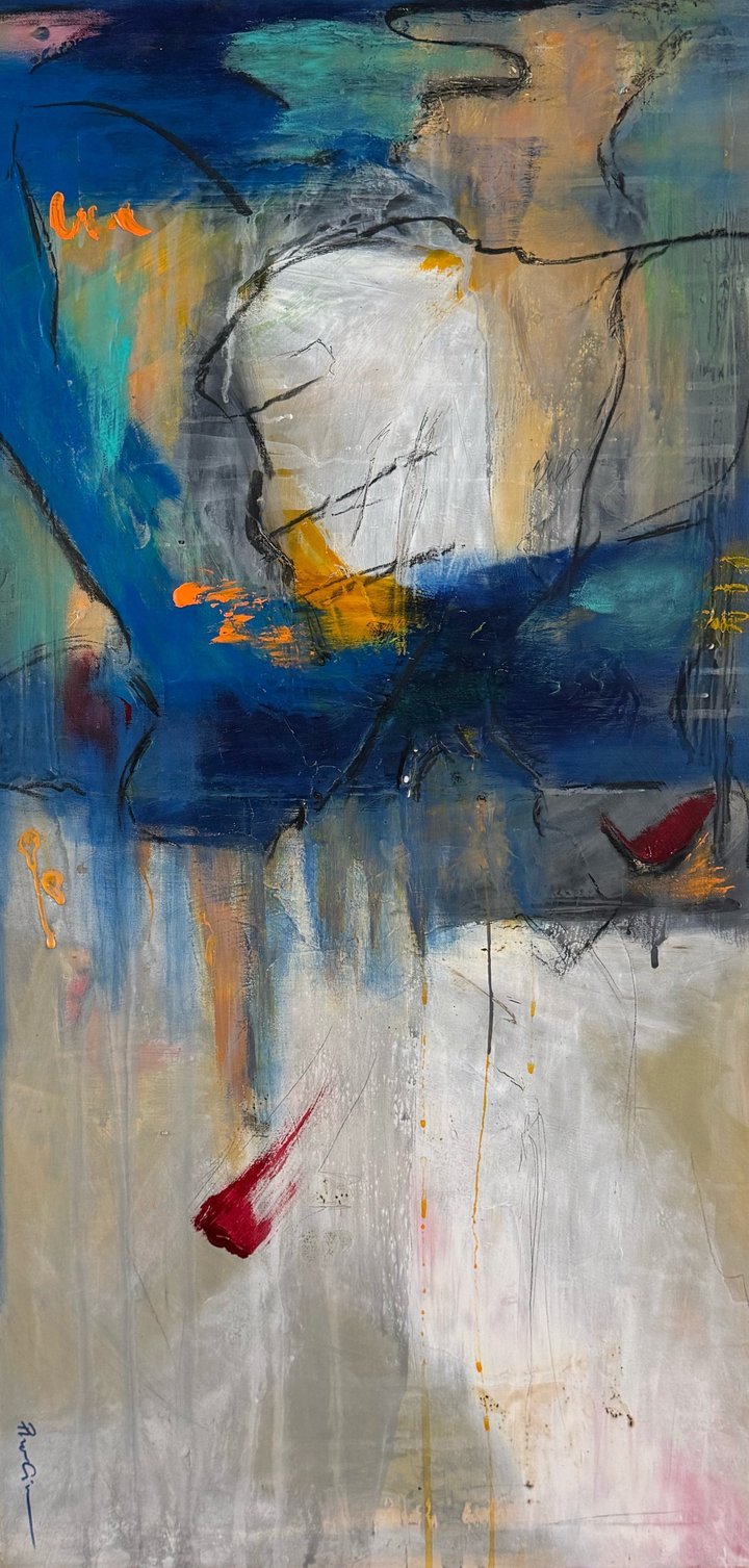 Original acrylics on canvas Sunset, Blue — "Who Knows Where The Time Goes" · 50 × 100 cm by Pinar Civan