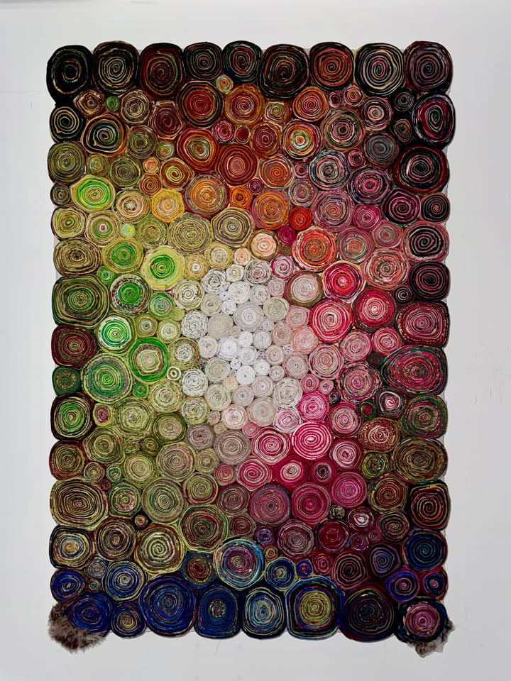 Original waste #portrait #conceptual #textured #colourful #circles, Multi-Colour — "Nic 67" · 62 × 91 cm by Francesca Busca