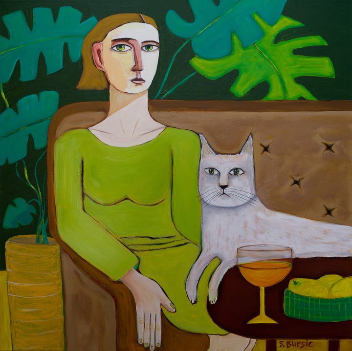 Original acrylic Portrait, Green — "I’ve Had Enough, Time with my Cat." · 60.5 × 60.5 cm by Sharyn Bursic