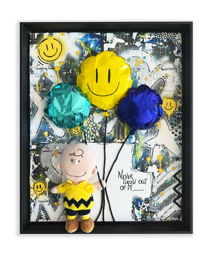 Original preloved plush toy, acrylic paint, foil balloons filled with recycled plastic Pop Art, Multi-Colour — "Never grow o…