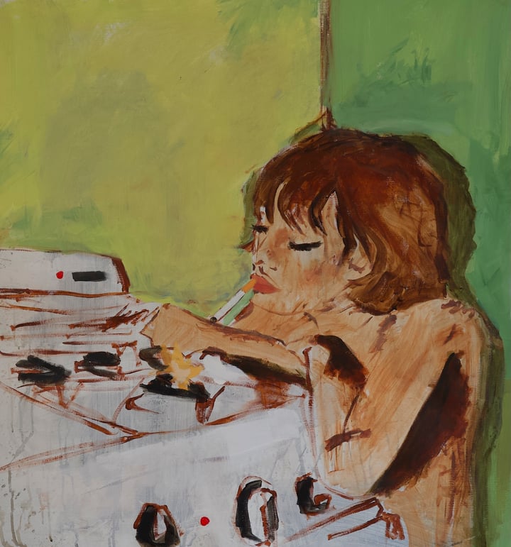 Original acrylic on canvas Woman, Green — "Charlotte" · 7.6 × 7.6 cm by Emily Tayman