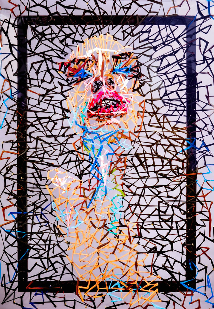 Original mixed media portrait, colour, emotion, material, Black — "Resistance" · 100 × 1500 cm by Shih (Cynthia) Hawkins