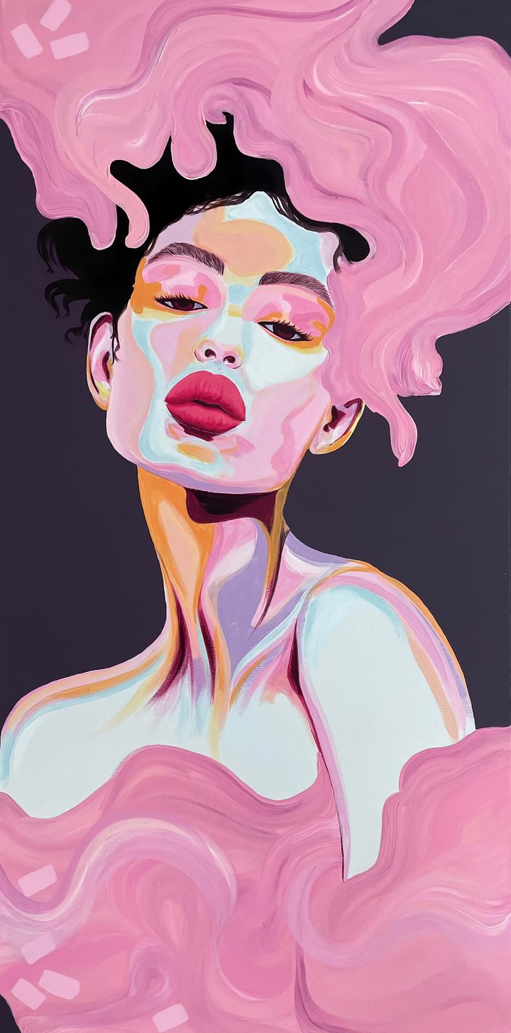 Original acrylic on canvas Woman, Pink — "Pink Charm" · 50 × 100 cm by Maryna Dobrova
