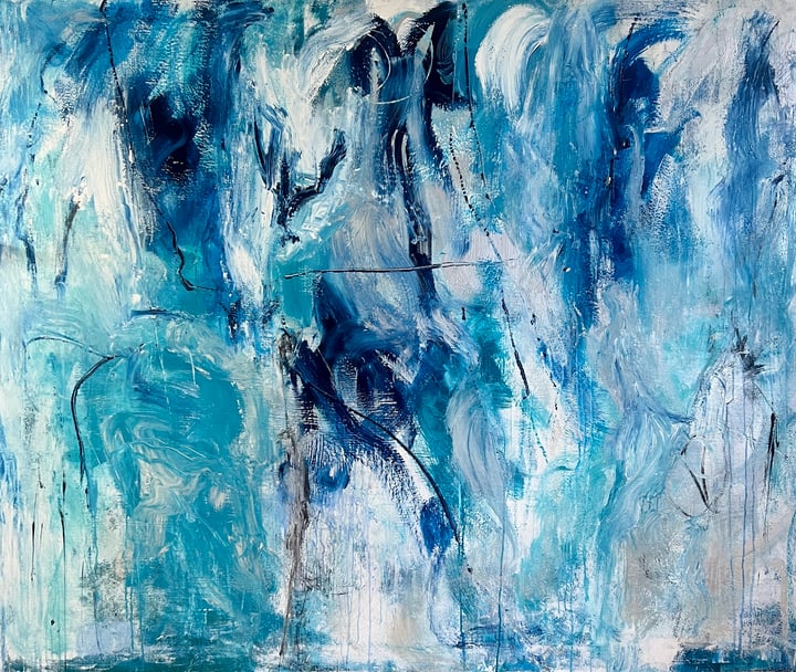 Original acrylic and oil sticks abstract — "LOST IN BLUE" · 200 × 165 cm by Monica Maja Richardson