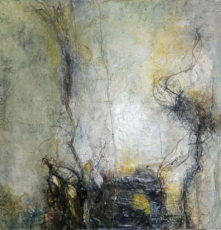 Original mixed media on canvas Landscape, Green — "Tanglewood" · 16 × 16 cm by Maureen Grayson