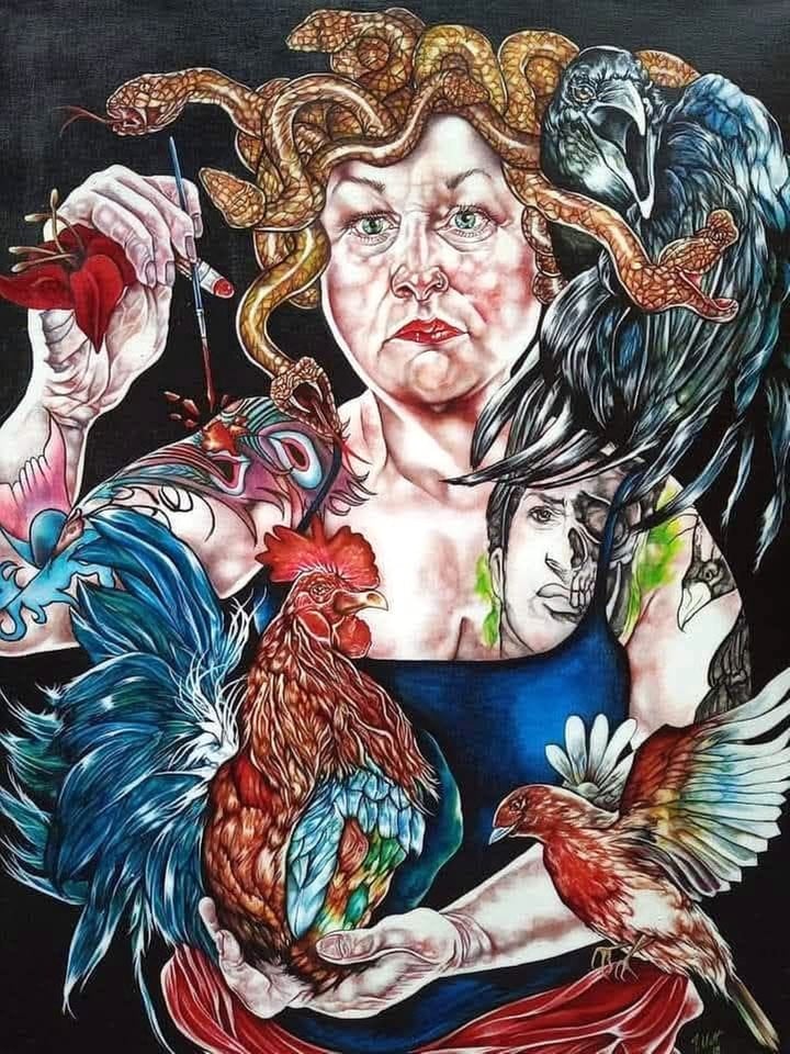 Original acrylic Portrait, Multi-Colour — "Misaligned Woman" · 83 × 108 cm by Tracy Watt