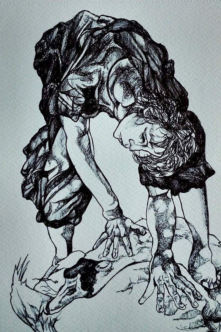 Original pen Woman and Swan, Black — "Quelling the Swan" · 114 × 21 cm by Tracy Watt