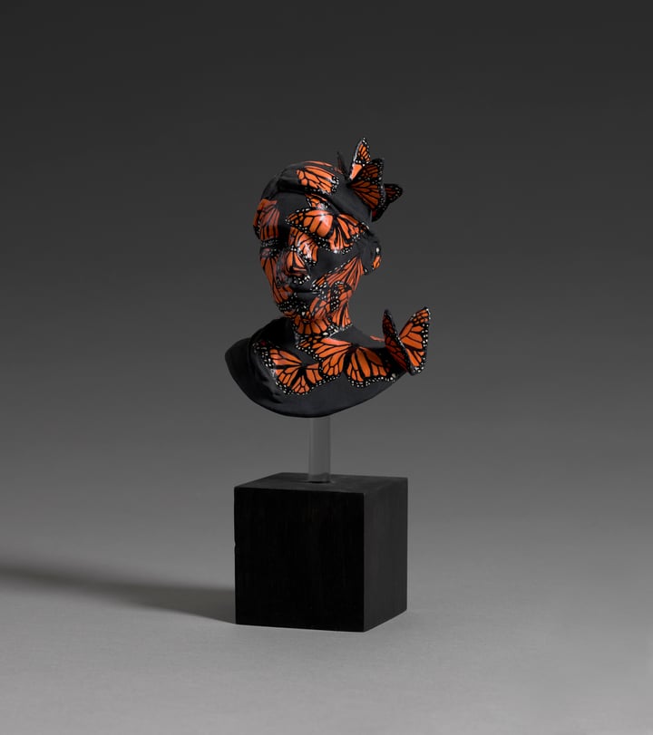 Original ceramic with underglaze and glaze landscape insect, Black — "Migration" · 10.9 × 13.5 cm by Leigh craven