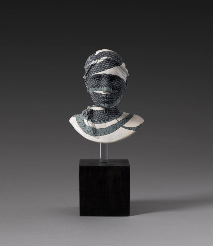 Original ceramic with underglaze and glaze bust, snake, Black — "Strangled" · 10.9 × 13.2 cm by Leigh craven