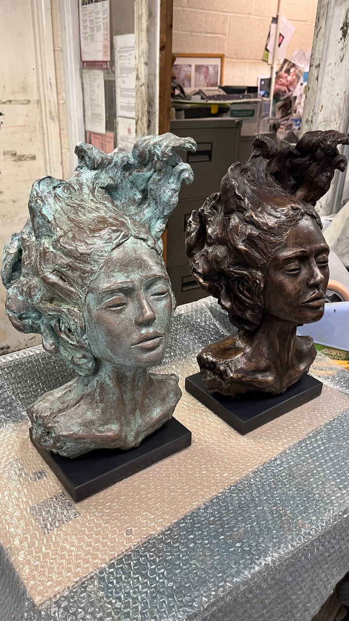 Original clay sculpture (moulded and cast) Bust, Metallic — "Stoic Nymph" · 25 × 35 cm by Saskia Cierach