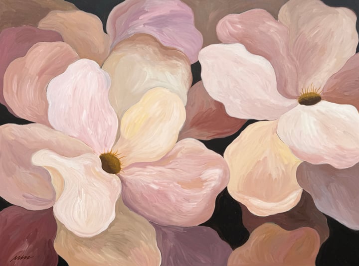 Original acrylic on canvas Botanical, Warm Tones — "QUIET BLOOM - Gentle Companion" · 120 × 90 cm by Min Ray