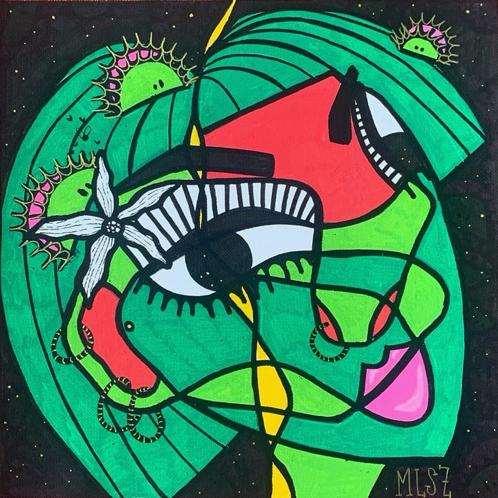 Original acrylic markers Portrait, botanique, Green — "Venus (flytrap)" · 20 × 20 cm by Marie-Laure Szlapka