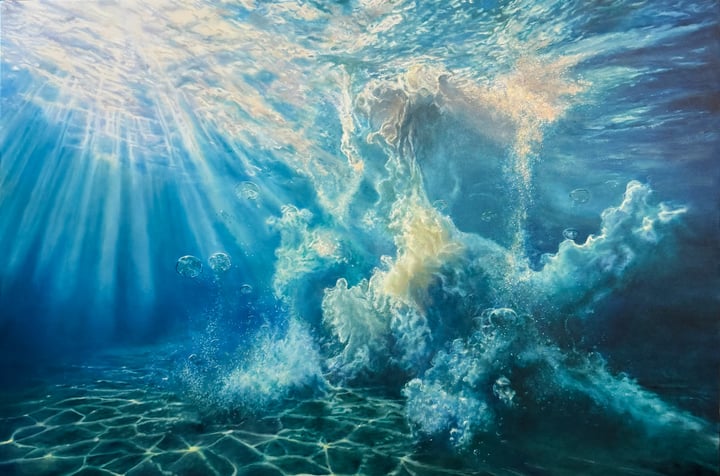 Original oil on canvas Underwater, Blue — "Where the Light Falls" · 228.6 × 152.4 cm by Linda Lieffers