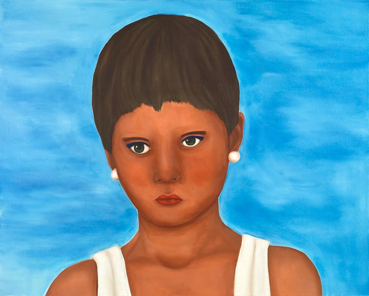 Original oil on canvas portrait, Blue — "Make up" · 100 × 80 cm by Hale Karpuzcu