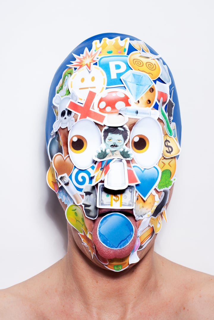 Original photograph mounted on dibond Self-portrait, Blue — "Self-portrait with Mask # V" · 50 × 70 cm by Susanne Junker