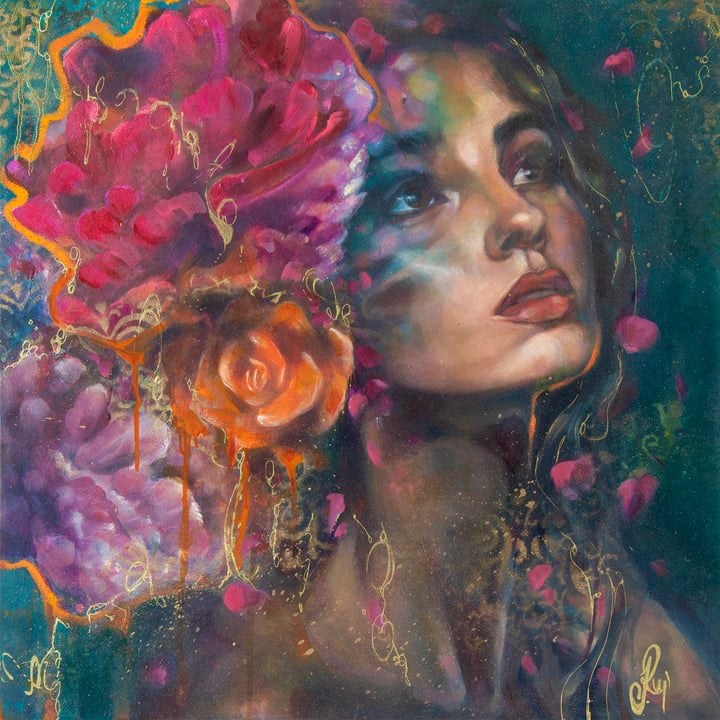 Original oil & mixed media Portrait, Green — "It’s Time" · 60 × 60 cm by Rachel Rui Jordan