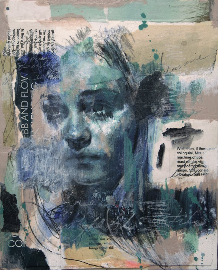 Original acrylic, pencil, watercolour and collage Portrait, Blue — "Letting the Tide Come in" · 20 × 25 cm by Toni Cogdell