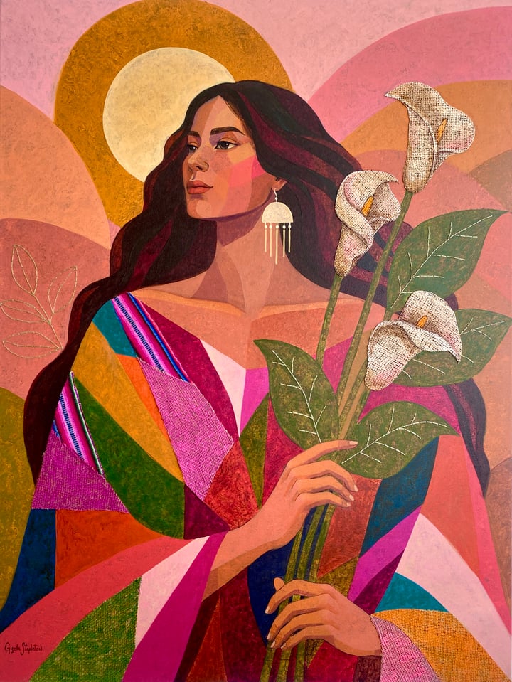 Original acrylic, aguayo textile, recycled jute & hand embroidery Women/Female figure, Warm Tones — "She Knows the Way" · 76…