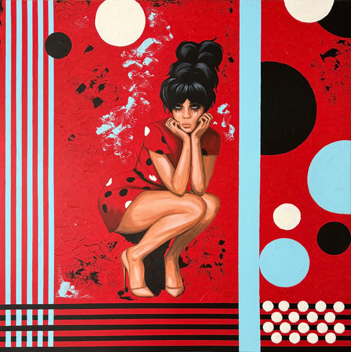 Original acrylic on canvas Woman, Red — "Unlike me" · 100 × 100 cm by Maryna Dobrova