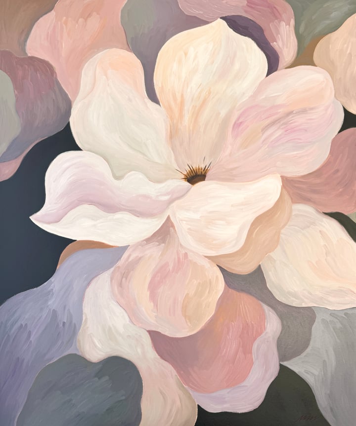 Original acrylic on canvas Botanical, Neutral — "QUIET BLOOM - Tender Shadow" · 100 × 120 cm by Min Ray