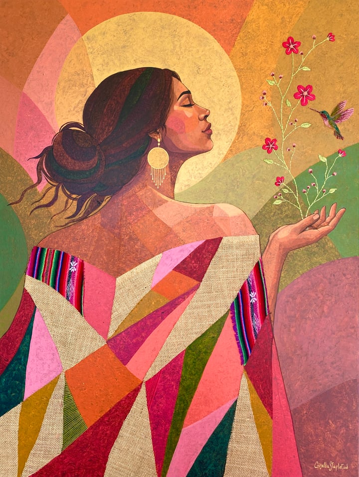 Original acrylic, aguayo fabric, recycled jute and embroidery on canvas Women, emotions, Warm Tones — "Where the Soul Bloms"…