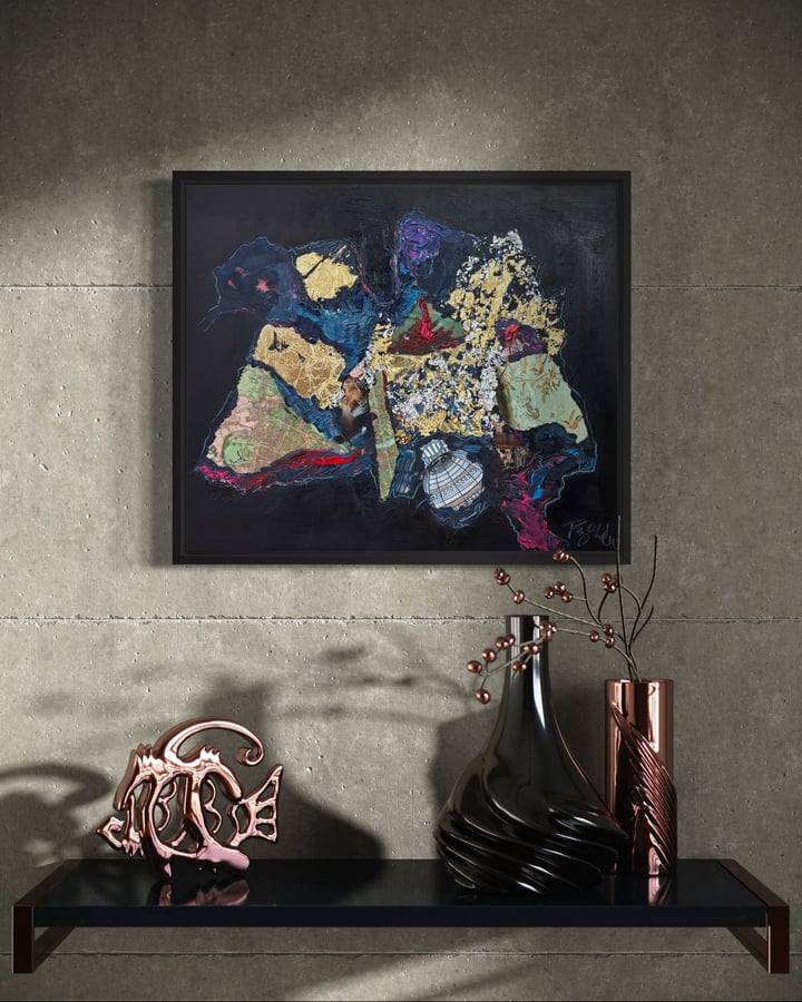 Original acrylic paint, collage, gold foil Abstract — "Midnight Map" · 51 × 61 cm by Iren Puj