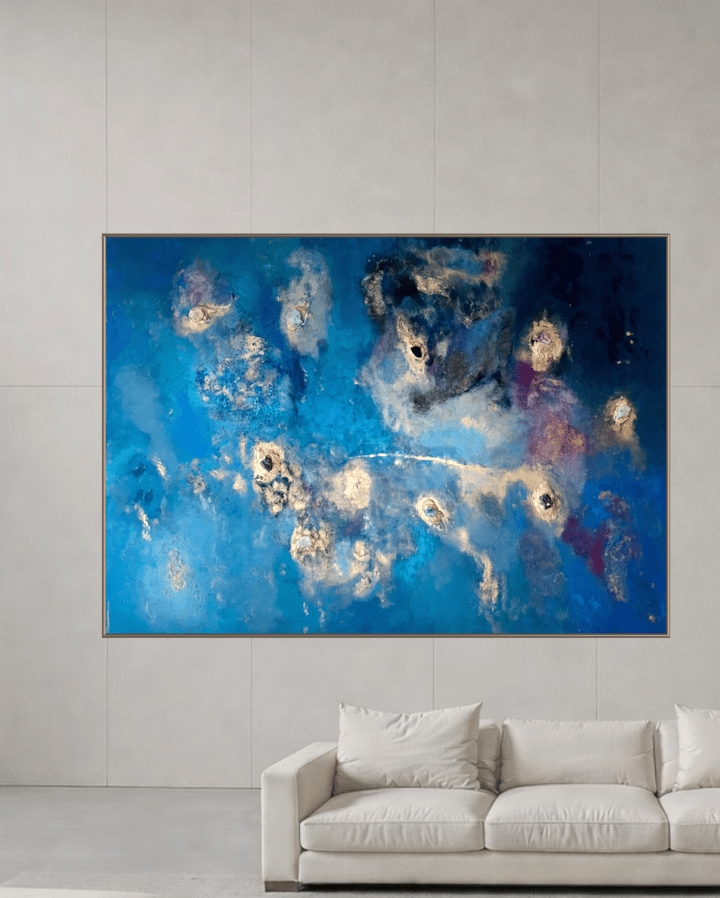 Original mixed media Abstract, Blue — "THE EXTRAORDINARY" · 235 × 165 cm by Samira El Bali
