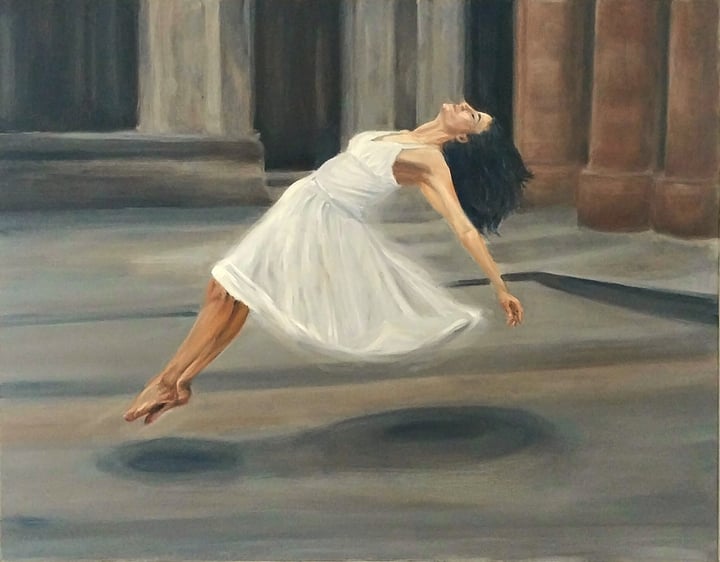Original oil on canvas Trust Fall, Woman In Motion, Woman In Mid Air, Grey — "BUILT ON TRUST" · 90 × 69.9 cm by Betty Greer