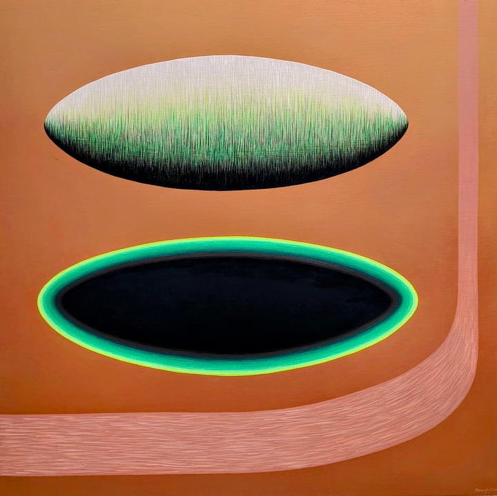 Original acrylic Geometric / Biomorphic, Orange — "Symbiosis I" · 85 × 85 cm by Maevaughn Chiu