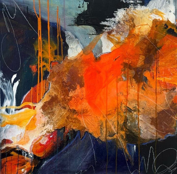 Original acrylics, rust Sunset, Orange — "A celestial clash" · 68 × 68 cm by Pinar Civan