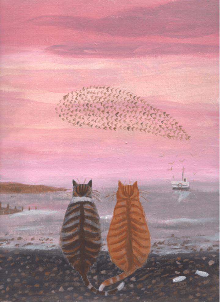 Original acrylic on canvas Animal, seascape, birds, sky, Pink — "Evening Murmuration" · 24 × 30 cm by Mary Stubberfield