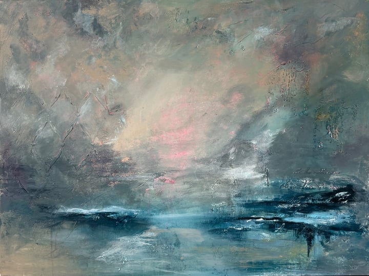 Original acrylic Landscape, Blue — "Where the Water Holds the Sky" · 101 × 76 cm by Arlene Peters
