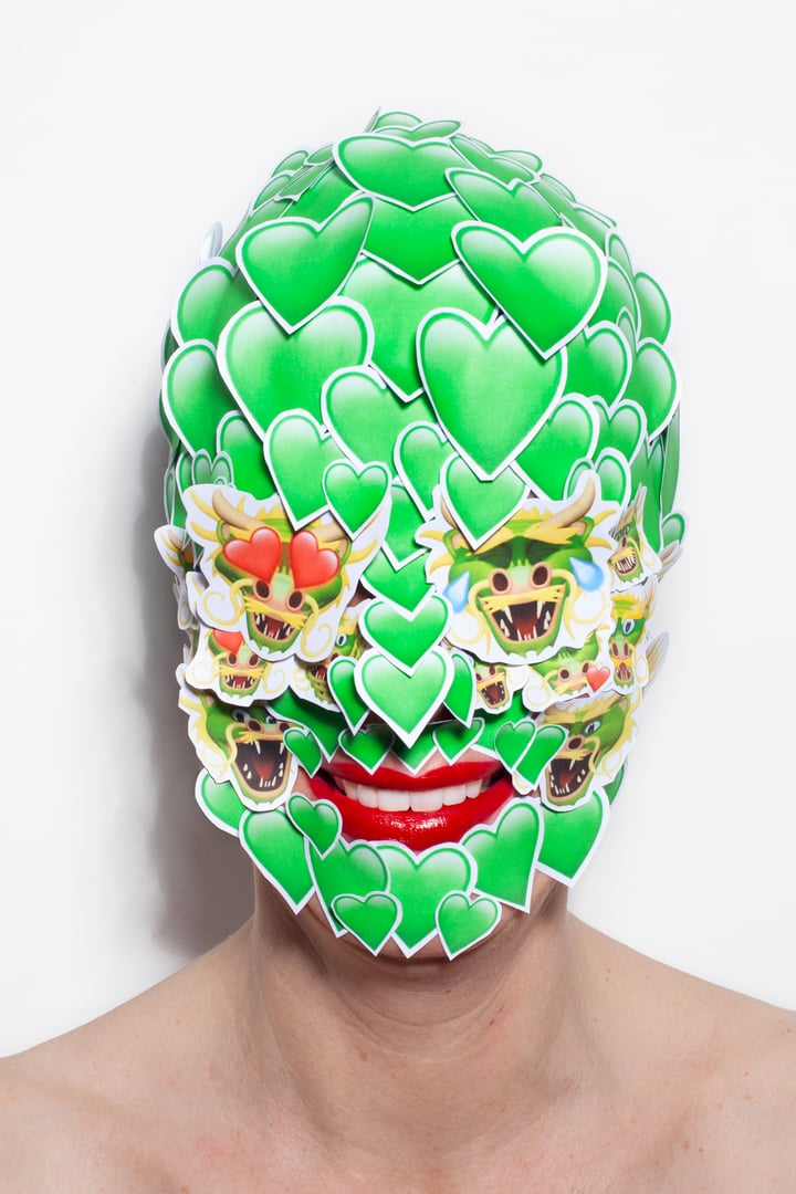 Original photograph mounted on dibond Self-portrait, Green — "Self-portrait with Mask # III" · 50 × 70 cm by Susanne Junker
