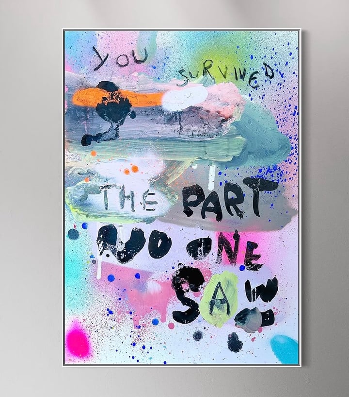 Original acrylic, spray paint and oil bar Text — "No One Saw" · 29.7 × 42 cm by Lucie Flynn