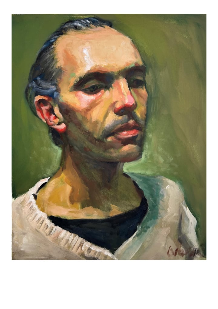 Origineel olieverf Portret, Groen — "Inhoudsvermoeidheid" · 50 × 60 cm door Bodine Ester Abramov
