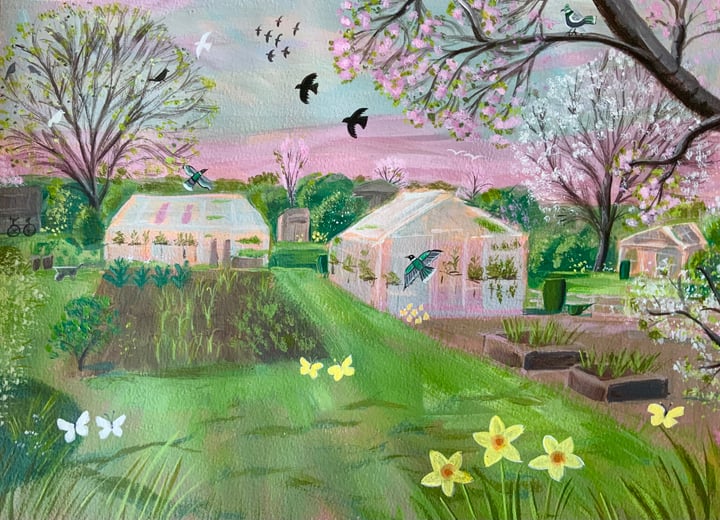 Original acrylic on watercolour paper Garden, landscape, nature, birds, Green — "Spring at the allotments" · 38 × 30 cm by M…