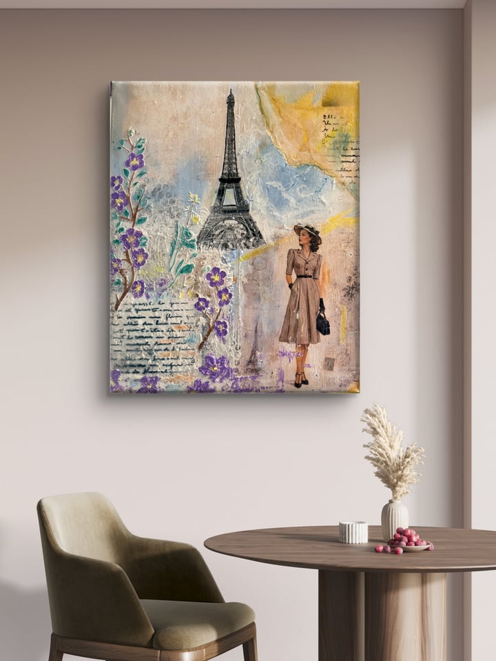 Original acrylic, texture paste on canvas Women, Warm Tones — "Letter from Paris" · 40 × 50 cm by Nikoletta Abbasi Katona
