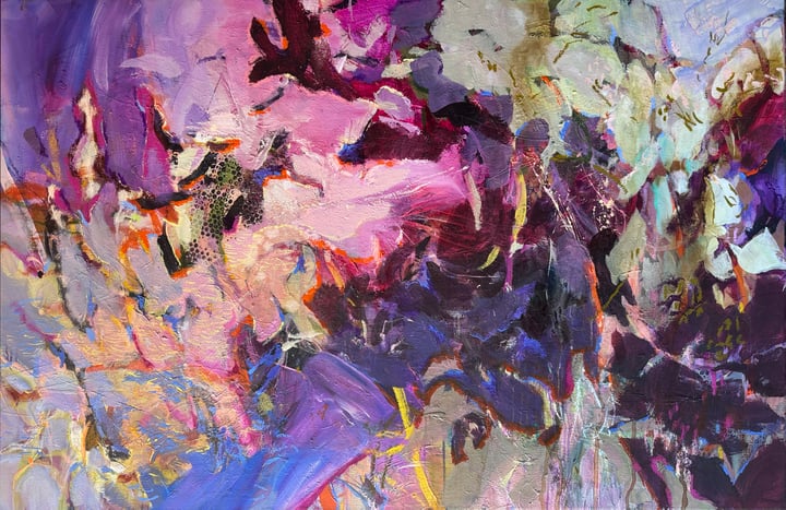 Original acrylic on canvas Botanical abstraction, Purple — "What Neither Could Reach Alone" · 150 × 100 cm by Anna Rolskaya