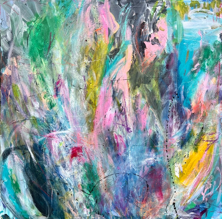 Original acrylic oil sticks and natural pigments abstract — "LOVE FLOWS OVER US IN PRISMATIC WAVES" · 100 × 100 cm by Monica…