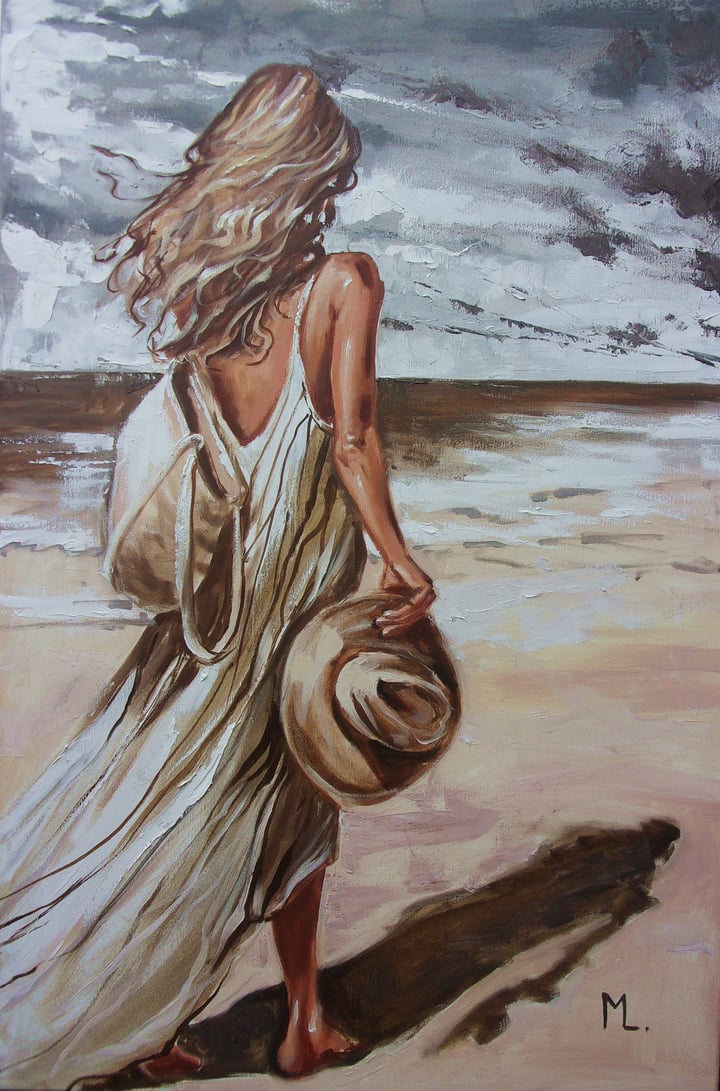 " MORNING WALK ON THE BEACH WITH HAT "