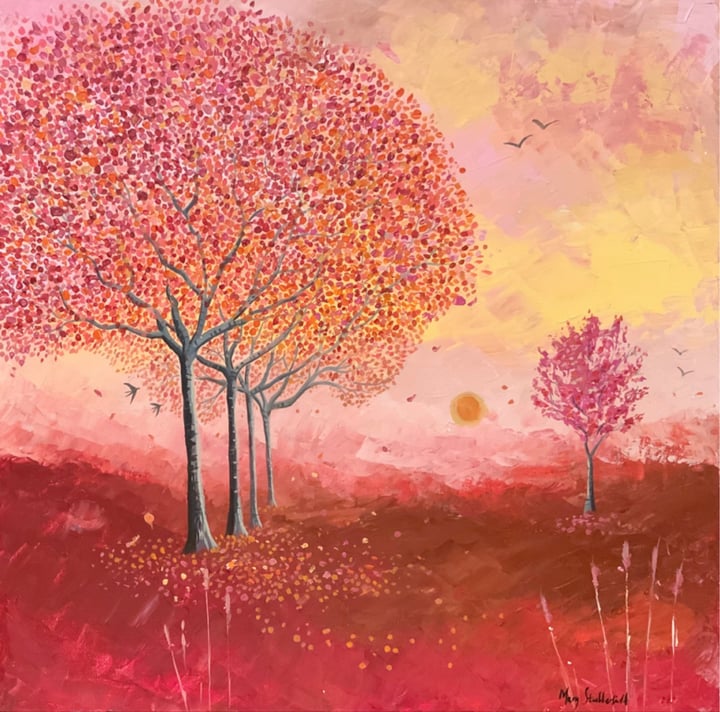 Original acrylic on canvas Landscape, tree, sunset, red, sky, Red — "Autumn landscape" · 50 × 50 cm by Mary Stubberfield