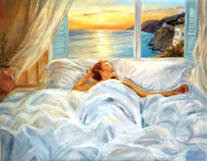 Original oil Figurative, Muted Tones — "PEACEFUL AWAKENING" · 90 × 70 cm by Betty Greer