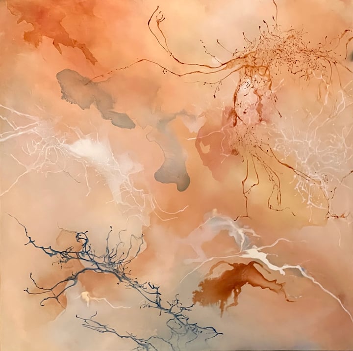 Original acrylique, encre, Abstrait, Orange — "L'invisible" · 80 × 80 cm by Sandrine Belmont