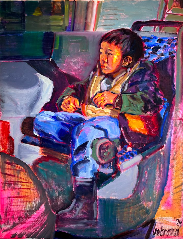 Original oil on portrait, Multi-Colour — "Boy on tram 4" · 70 × 90 cm by Bodine Ester Abramov