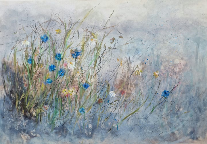 Original acrylics and inks Wildflowers, Meadow, Nature-inspired landscape, Muted Tones — "Whispers of the Meadow" · 100 × 69…
