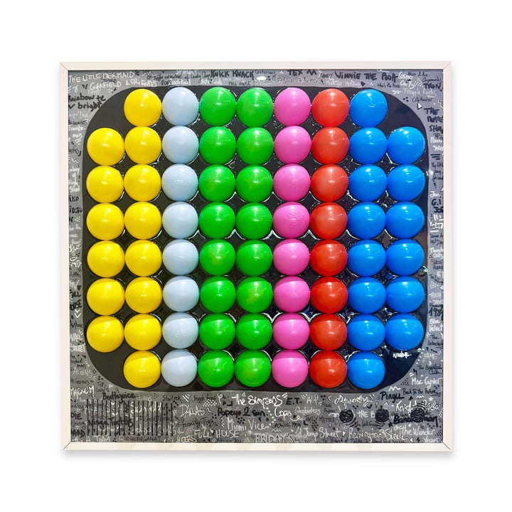 Original recycled ball pit balls, resin, acrylic paint, led panel, metal frame 80's nostalgia, Multi-Colour — "The Telly box…