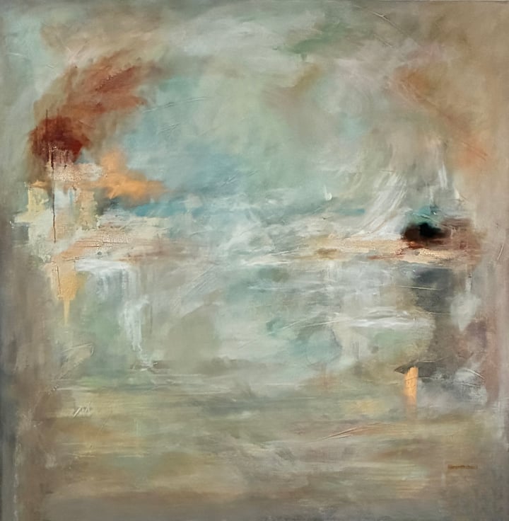 Original acrylic on canvas Myth, Calypso's Island, The Odyssey, Muted Tones — "Calypso's Veil" · 100 × 100 cm by Suzanne Hal…